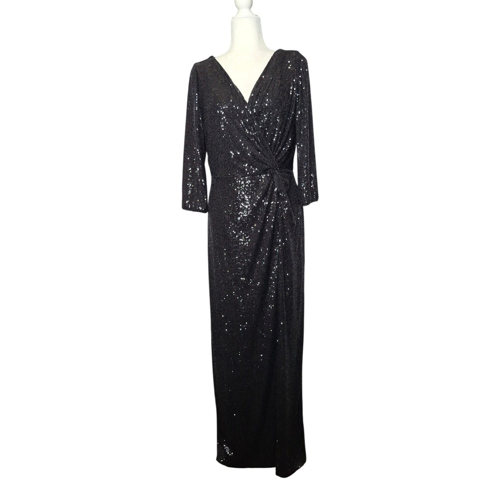 Alex Evenings Black Long Sequin Gown 3/4 Sleeve Formal Dress Size 12 - Picture 2 of 14